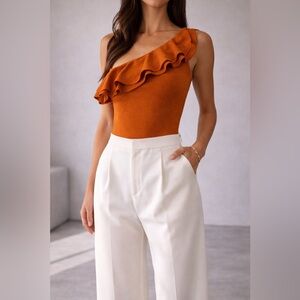 H&M Burnt Orange One-Shoulder Ruffle Bodysuit – Elegant Asymmetrical Women’s Top